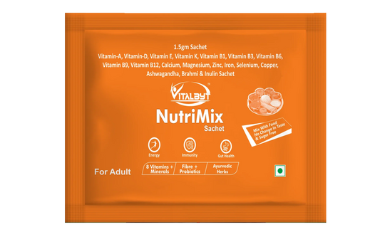 Vitalbyt NutriMix Sachet orange packet for adults with vitamins, minerals, probiotics, ayurvedic herbs