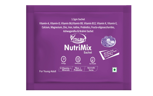 Vitalbyt NutriMix Sachet purple packet with vitamins, minerals, probiotics, and Ayurvedic herbs.